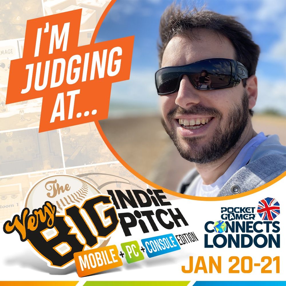 A headshot of Damion Sheppard with the words "I'm Judging At... the Very Big Indie Pitch" & "Pocket Gamer Connects London Jan 20-21"