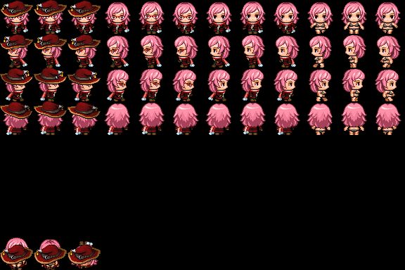 Character sprite sheet of a woman with long pink hair. On the left, she wears a full outfit of a red hat, red coat, and magenta-colored scarf. Second set lacks the hat, third set lacks her glasses, and fourth set lacks the rest. Bottom is a fallen-down sprite, though the left two are broke due to how the generator works.