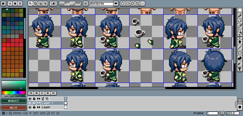 In development sprite work of William sitting or drinking a cup of tea.