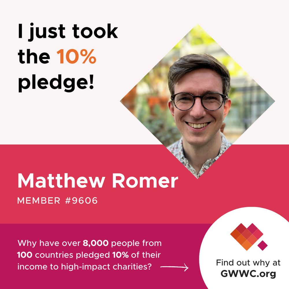 An infographic that says: 
I just took the 10% pledge! 
Matthew Romer
Member #9606
Why have over 8,000 people from
100 countries pledged 10% of their
income to high-impact charities? 
Find out why at GWWC.org