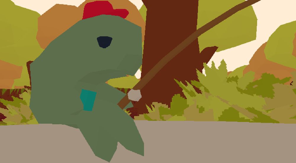 closeup screenshot of a small green fish with a red hat, fishing from a bucket