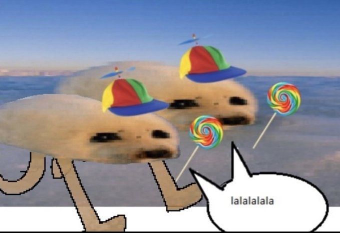 edited photo of 2 white seals wearing propeller hats and holding lollipops, while walking and saying "lalalalala" 