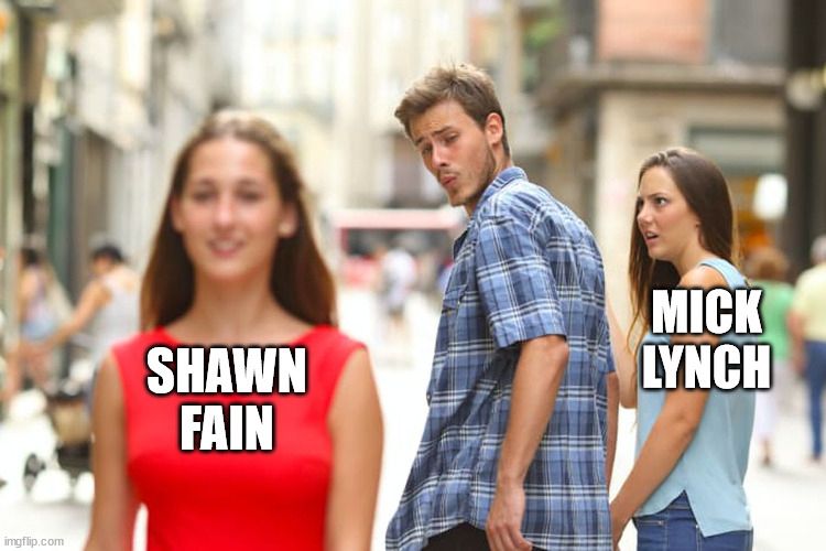 "distracted boyfriend" meme. Union member with popular UK leader Mick Lynch is swayed by passing Shawn Fain.