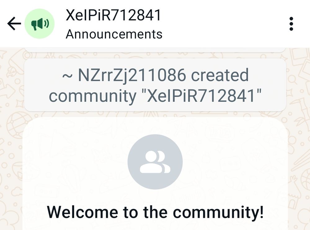 screenshot from crypto spam whatsapp invite - community called XelPiR712841 and user ~NZrrZj211086