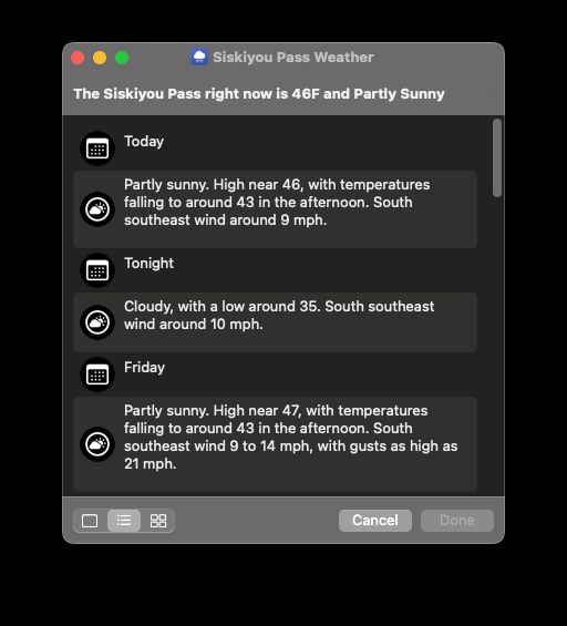 A screenshot of a Shortcut on macOS showing the weather forecast for Siskiyou Pass.