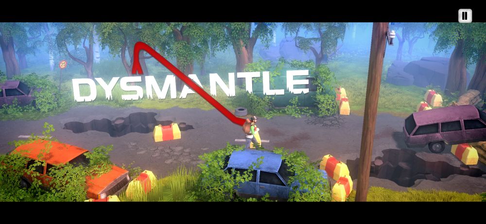 A screenshot of the game DYSMANTLE showing its logo and the main character walking through the landscape. 
