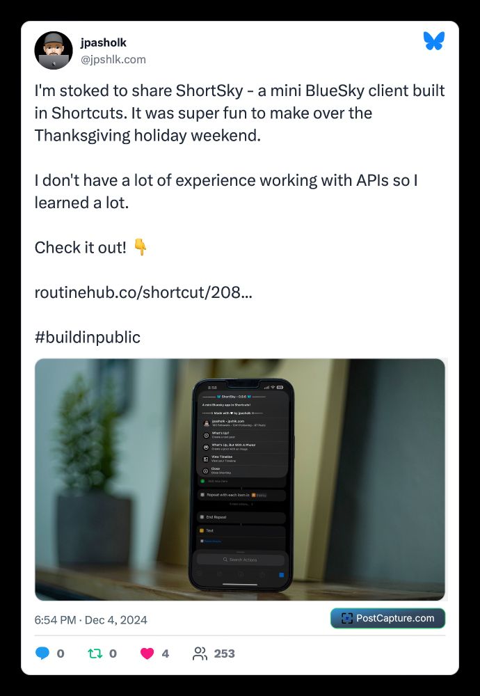 A screenshot of my Bluesky post about ShortSky, a mini Bluesky client written in Shortcuts. Post image made with PostCapture.