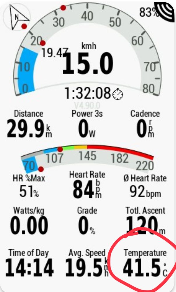 Screen capture from a bike computer showing temperature of 41.5°C