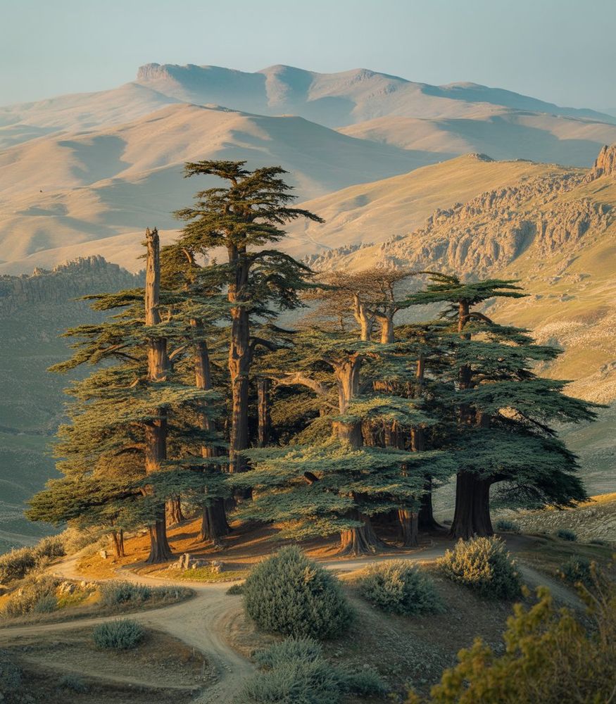 An illustration of a grove of trees in a high mountain landscape