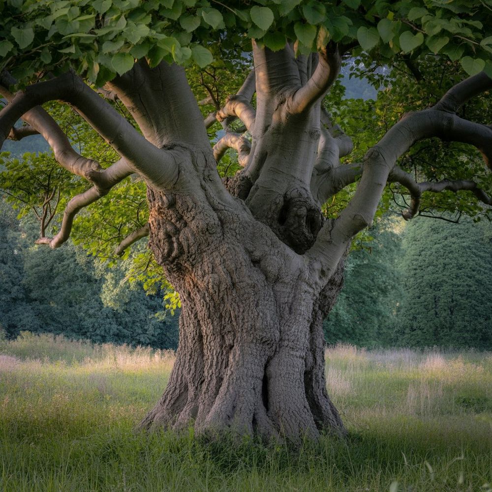 An illustration(AI) of a tree with a large odd trunk in a meadow