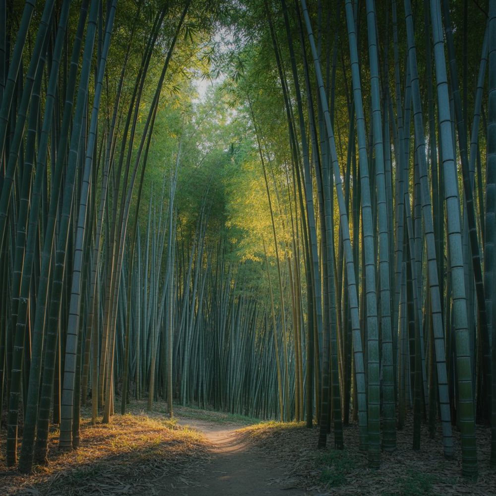 an illustration of a path leading through a bamboo forest