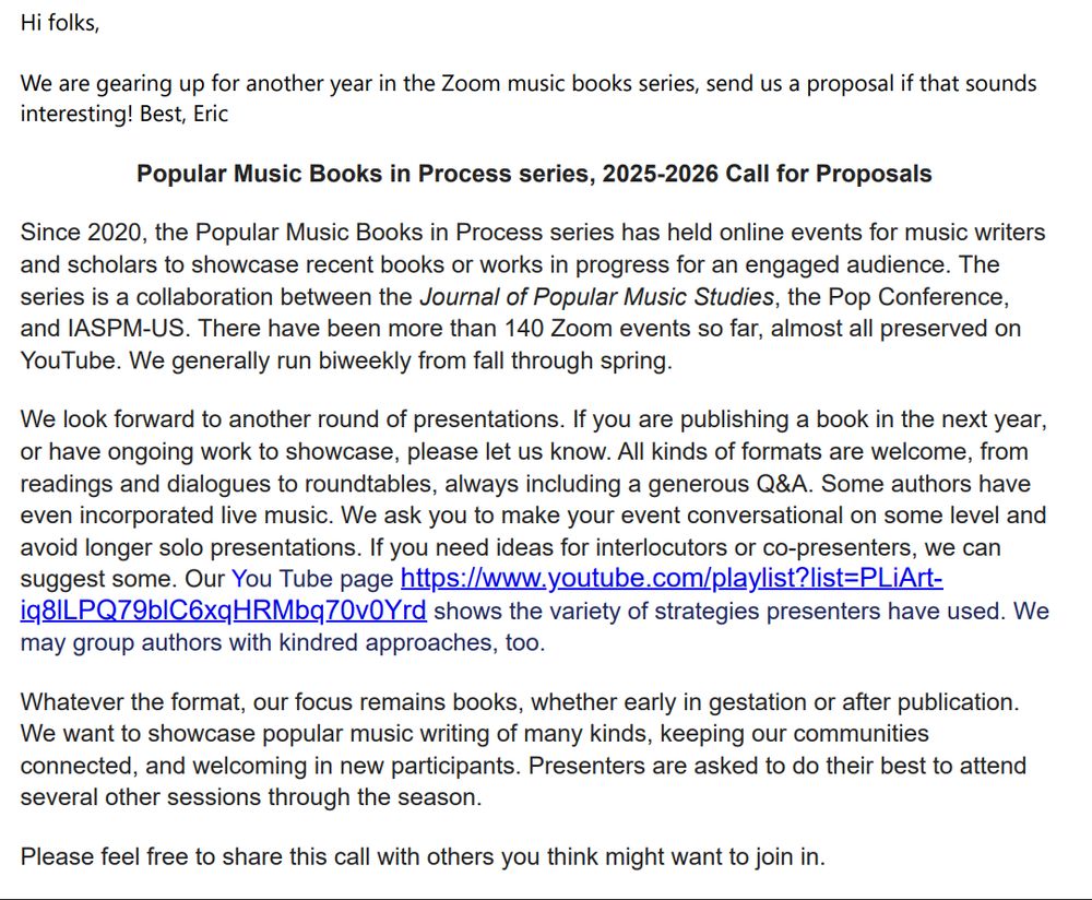 IASPM Popular Music Books in Process Call