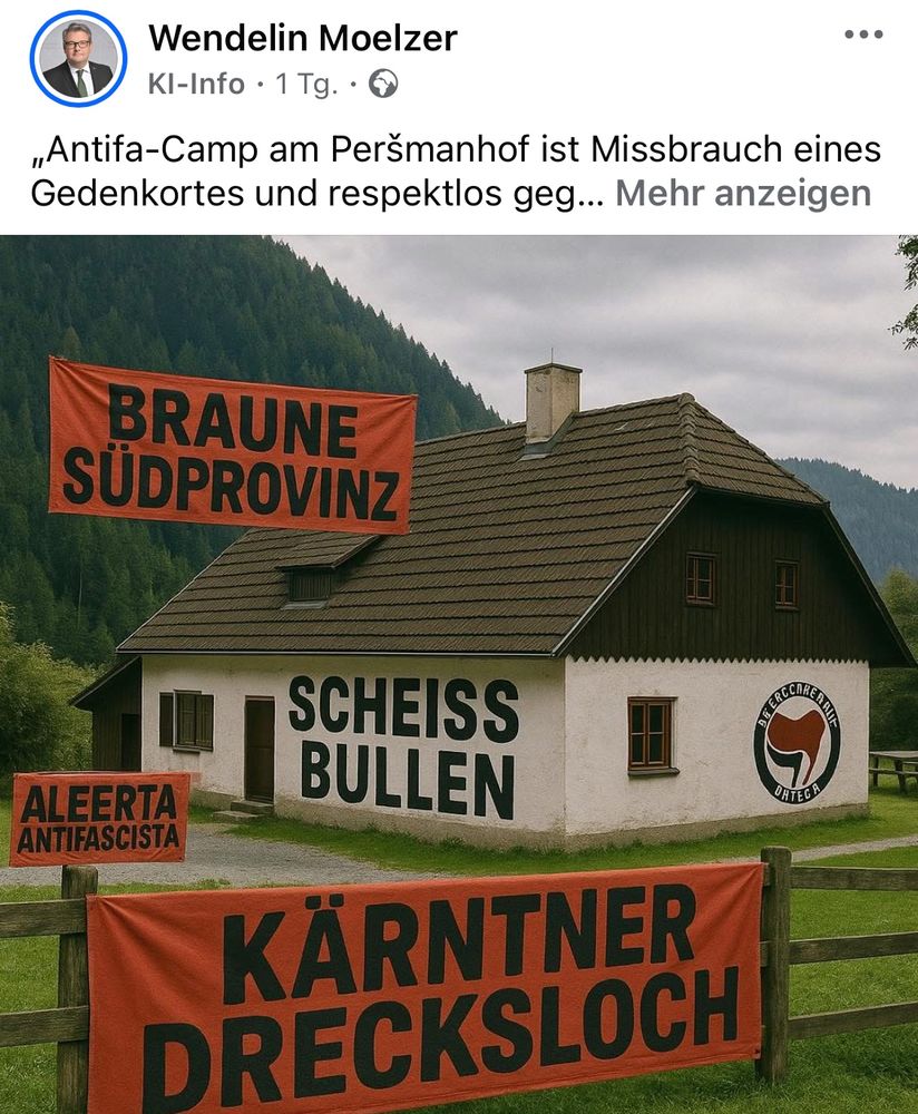 Wendelin mölzer zeigt ein ku Bild vom Persman Hof mit Slogans die so nie gehangen sind ua Kärntner drecksloch 