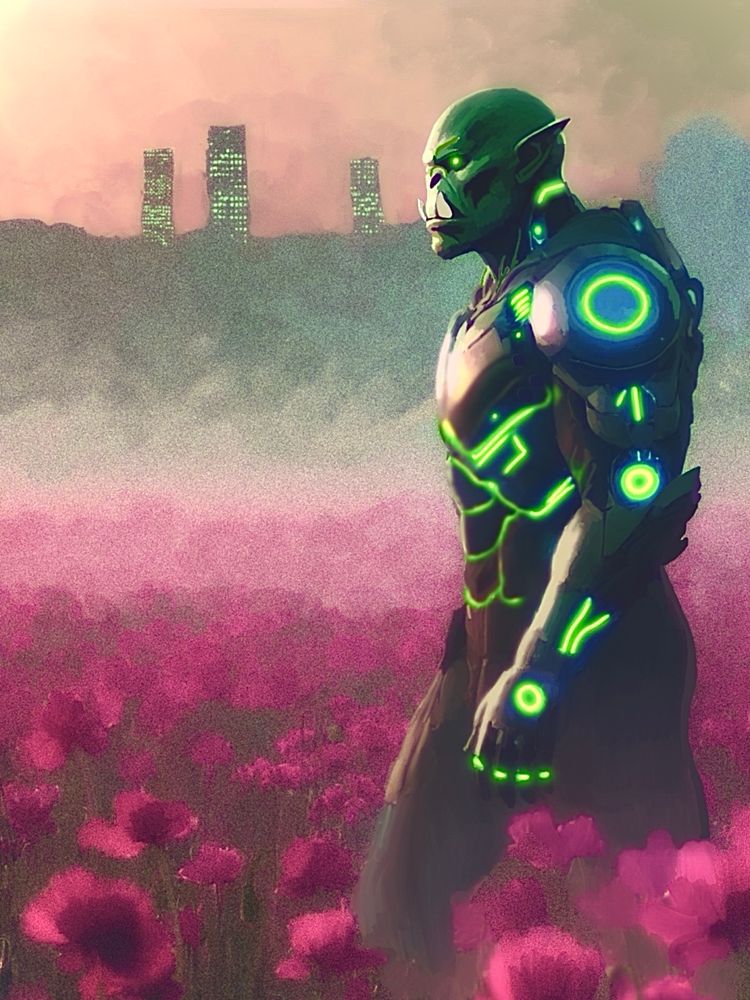 An armor-clad orc walks through a field of red poppies, a ruined yet fully illuminated city visible in the distance. The armor is illuminated in glowing green lines, with the orcs eye sharing the same glow. Digital painting, procreate 