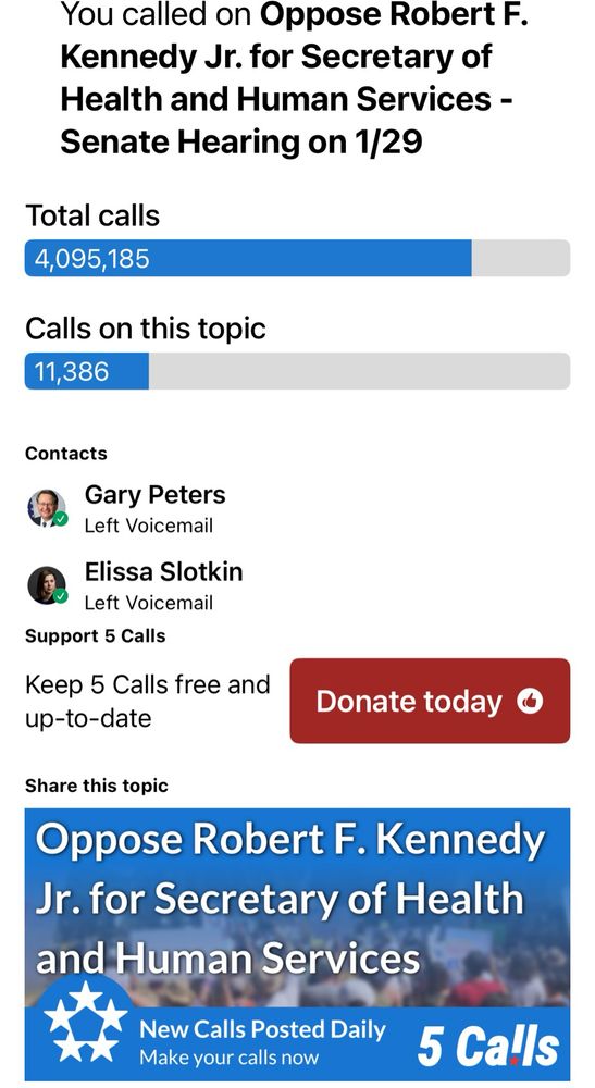 5 calls app showing the calls I’ve made to my senators 