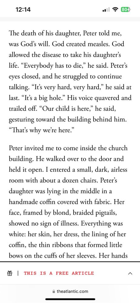 Screenshot of Atlantic article about a 6 year old girl who died of measles 