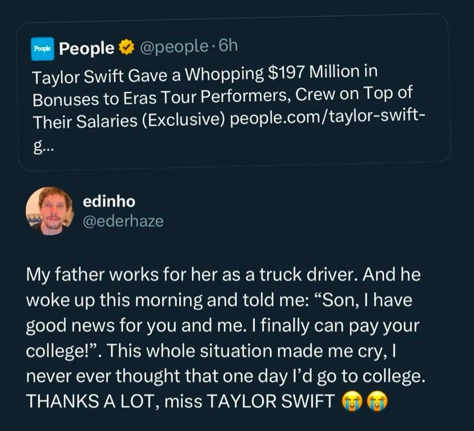 Post talking about Taylor swift giving her employees large bonuses allowing them to pay for their kids college 
