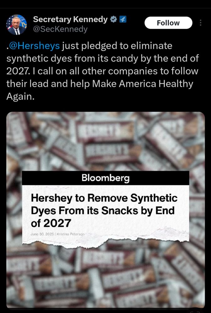 RFK jr post about Hershey getting rid of synthetic dyes by 2027