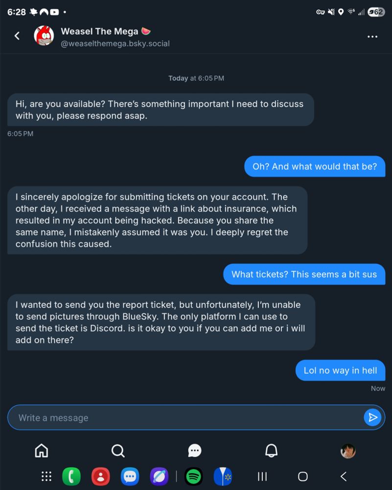 A message screen of someone trying to scam another user