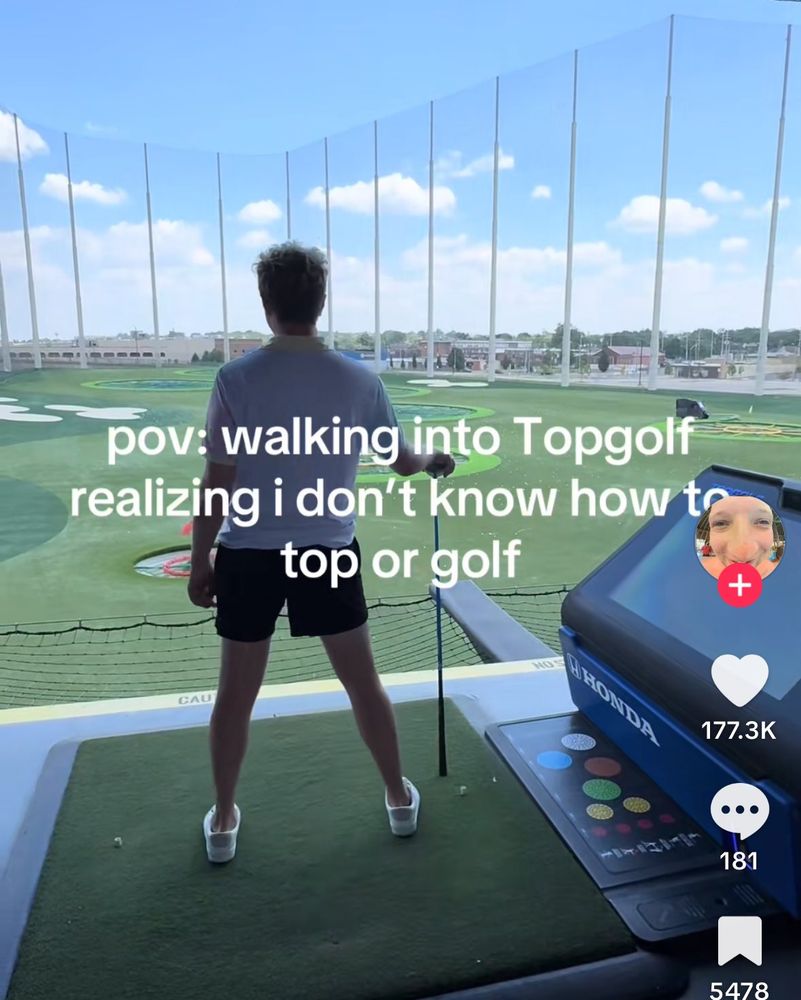 man in a golf course with the caption "walking into Toppgolfrealizing I don't know how to top or golf"