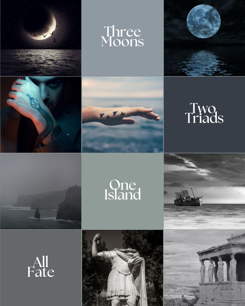 Picture of birds flying under a gold moon, "three moons," a blue moon over the sea, a man with a snake tattoo up his arm, a hand with four bird tattoos, "two triads," a foggy cliff, "one island," an abandoned ship, "all fate," a faceless statue, a temple