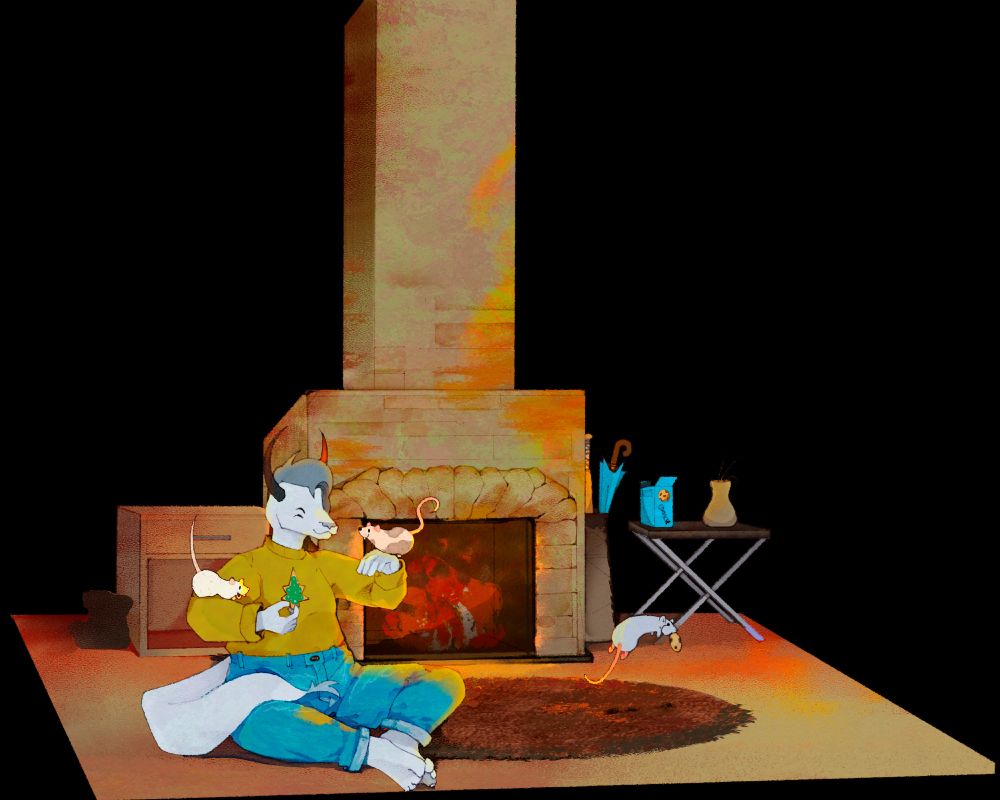 An anthro eastern dragon sits in front of a fireplace. Two rats are sitting on her hand and arms while she holds a Christmas cookie. A third rat is bouncing away with a cookie in its mouth.