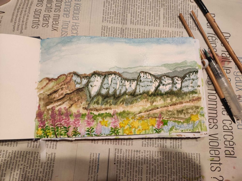 A picture of a watercolor painting and paint brushes on a journal. The painting represents white cliffs under a clear sky, with hills begind them and hints of trees in front of them. On the foregrounf of the panting there are pink, yellow and blue flowers, covering the bottom of the scene.