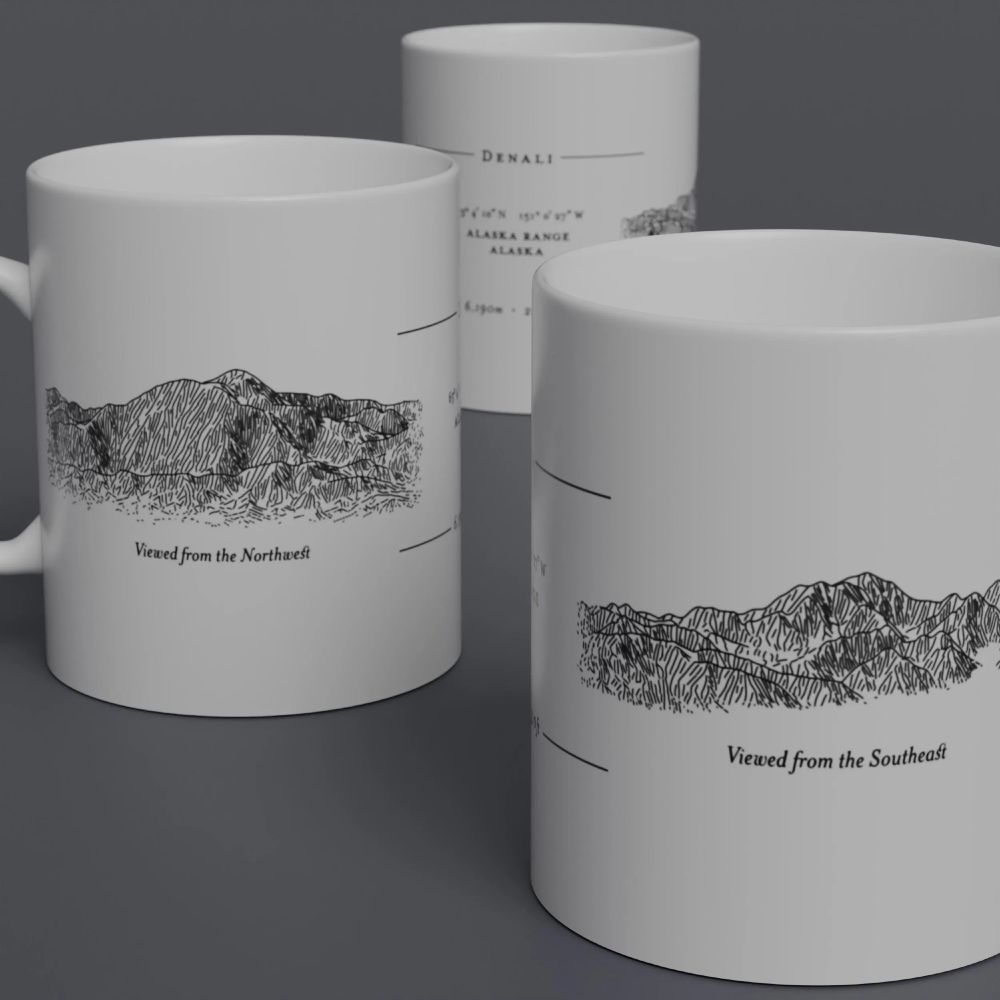 Multiple views of a mug featuring sketches of Denali