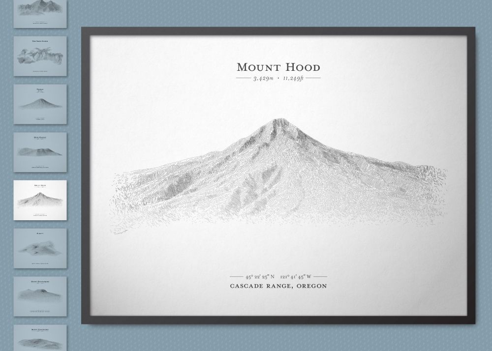 A black and white sketch of Mount Hood, seen from a roughly ground level view. It is in a black frame, and on a blue background. Off to the left are a vertically stacked series of smaller images, too small to read. Each is different-looking, but all are black and white miniature versions of posters. The miniature version of the Mount Hood poster is highlighted in white.