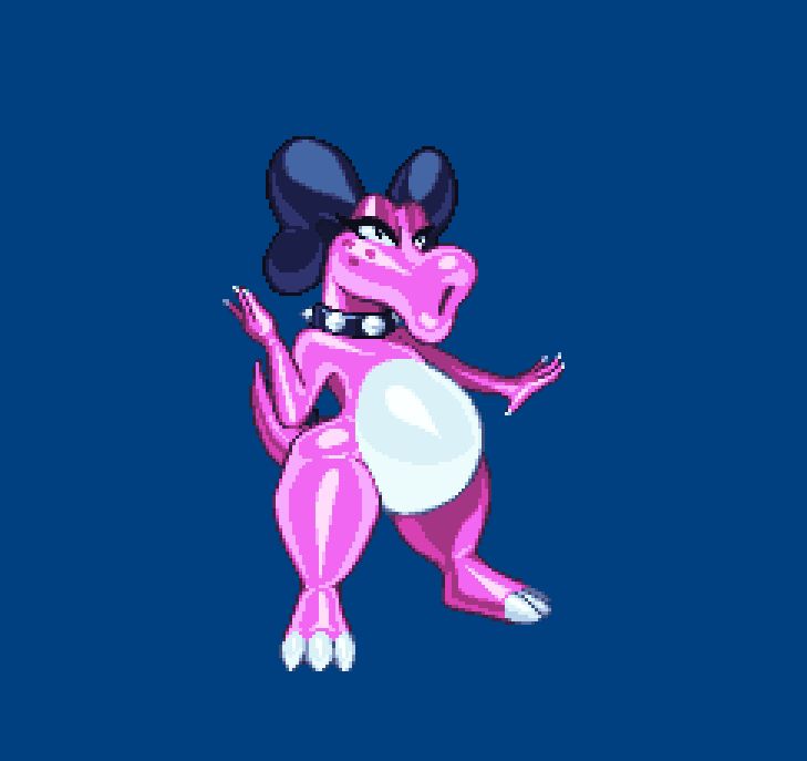 A shiny Birdo with a spiked collar and black bow