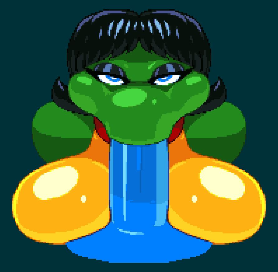 Mona Lisa from Ninja Turtles, except her toy design so shes a lizard lady with black hair sucking blue dick.