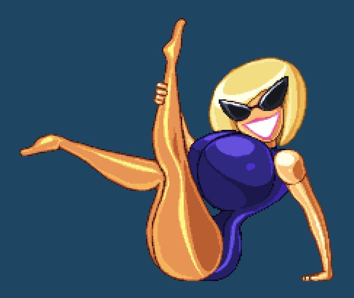 A Sunny Miami knick knack with large boobs and hips stretching.