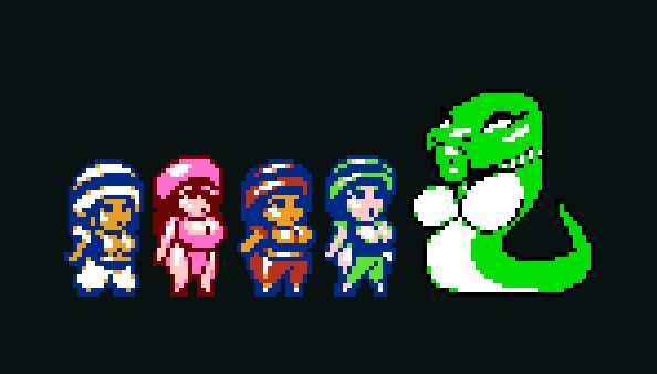 Some characters with boobs and there is a snake with lips.