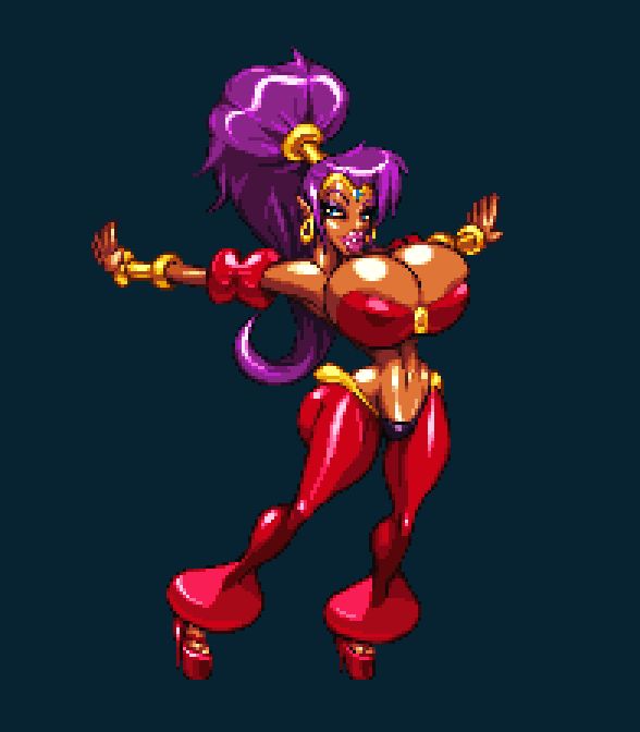 Highly stylized art of Shantae, with huge breasts and lips.