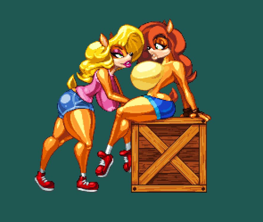 Tawna leans on a box Crash Bandicoot sits on except Crash is a lady with huge boobs. 