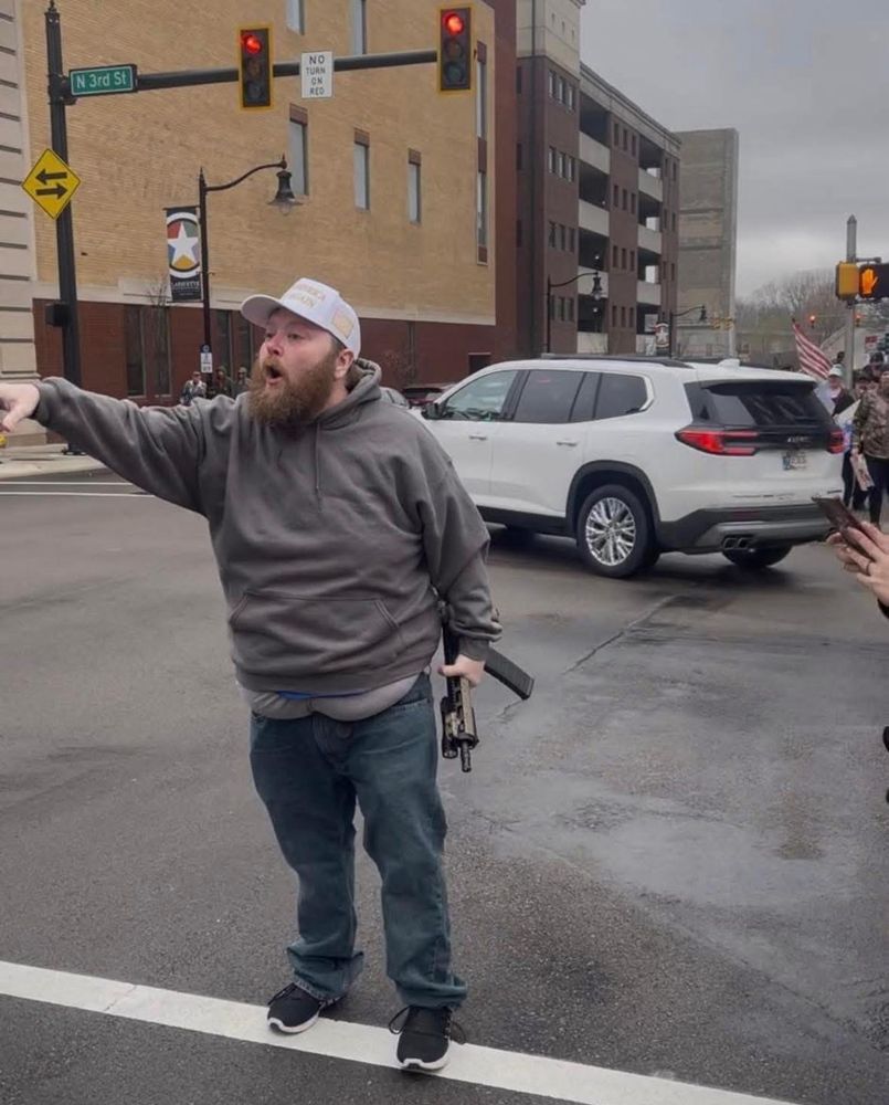 James Jordan, a Lafayette Indiana Resident and avid MAGA supporter, pictured brandishing a rifle. His wife posted a “counter protest” to Facebook that did not receive much traction, only for him to arrive in his truck and immediately start an altercation. 