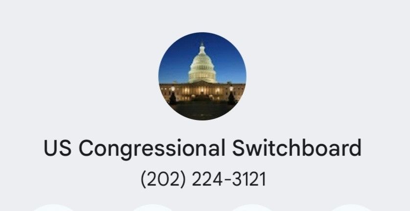 A twilight photo of the US Capitol, with the dome lit from within, silhouetted against a darkening sky.
The copy reads:
US Congressional Switchboard 
(202) 224-3121