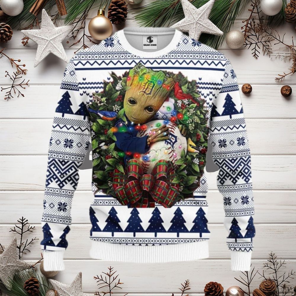 Baby Groot Detroit Tigers Christmas Wreath Sweater - Limotees Fashion t-shirt online