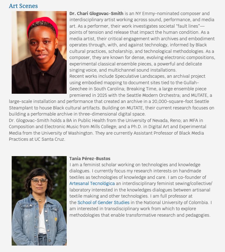 Photographic portrait of Chari Glogovac-Smith, a Black woman facing the camera with her black and grey hair scooped back under a red hat, wearing a black shirt, cropped at the shoulders, smiles while looking direct at the camera in an interior space.
Photographic portrait of Dr Tania Pérez-Bustos, a LatinX [or Latina?] woman facing the camera with short brown bobbed hair and round glasses, wears a white top and a denim jacket, smiles while looking direct at the camera. Tania is pictured outside with green trees in the background.
