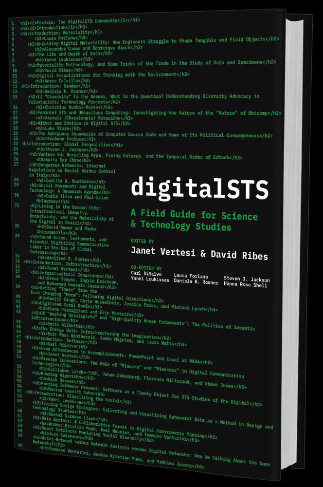 Book cover of Digital STS which shows various text and code of a computer screen. 