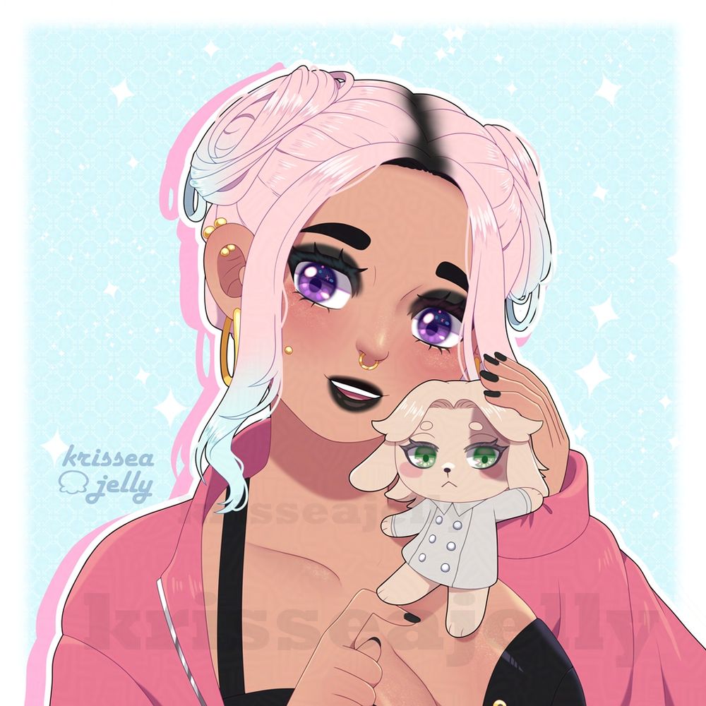 Digital bust-up drawing of an OC with dyed pink and blue hair tied in lose buns holding up a little plushie of the character Inupi as a dog. She has purple eyes and dark make-up with a nose piercing, cheek piercing, and piercings in her ears. She wears a pink jacket with a black top.