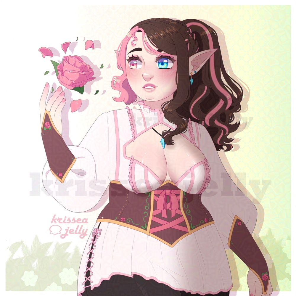 Digital art of an elf girl with brown hair that has pink streaks in it. She has one blue and one pink eye looking at a rose she magically conjured. Her outfit is primarily white, brown, and pink, with details of green and blue. 