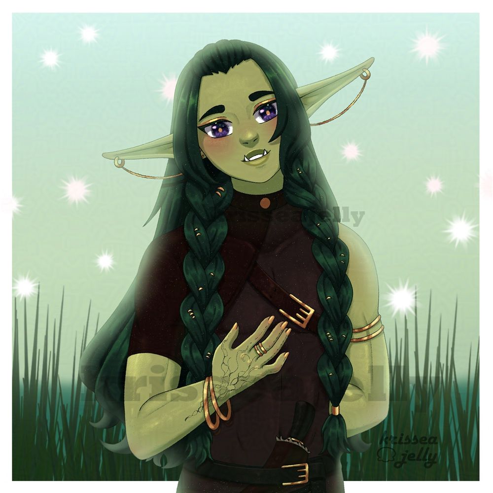 Digital halfbody drawing of a half-orc character. He has long, dark green hair with the front in braids, long ears, and two tusks coming from his mouth. He holds one hand to his chest and has gold nail polish. His outfit is dominantly brown and black with gold accents.