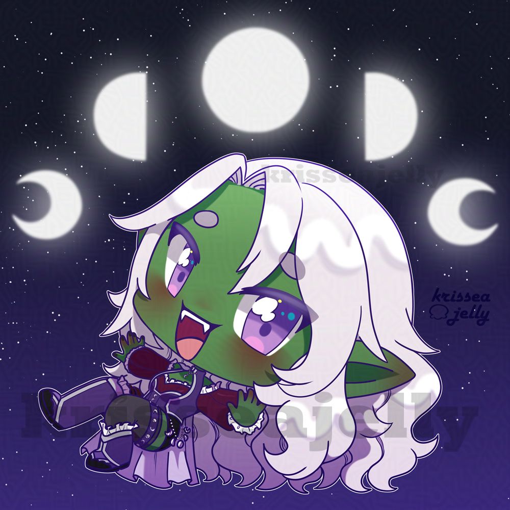 Digital "chibi" art of the goblin vtuber KitKnacks. They are floating with their arms out and their legs bent against a starry background with the moon phases above their head. They have silver hair, purple eyes, and a big smile on their face. Their outfit is purple, silver, black, and dark red.