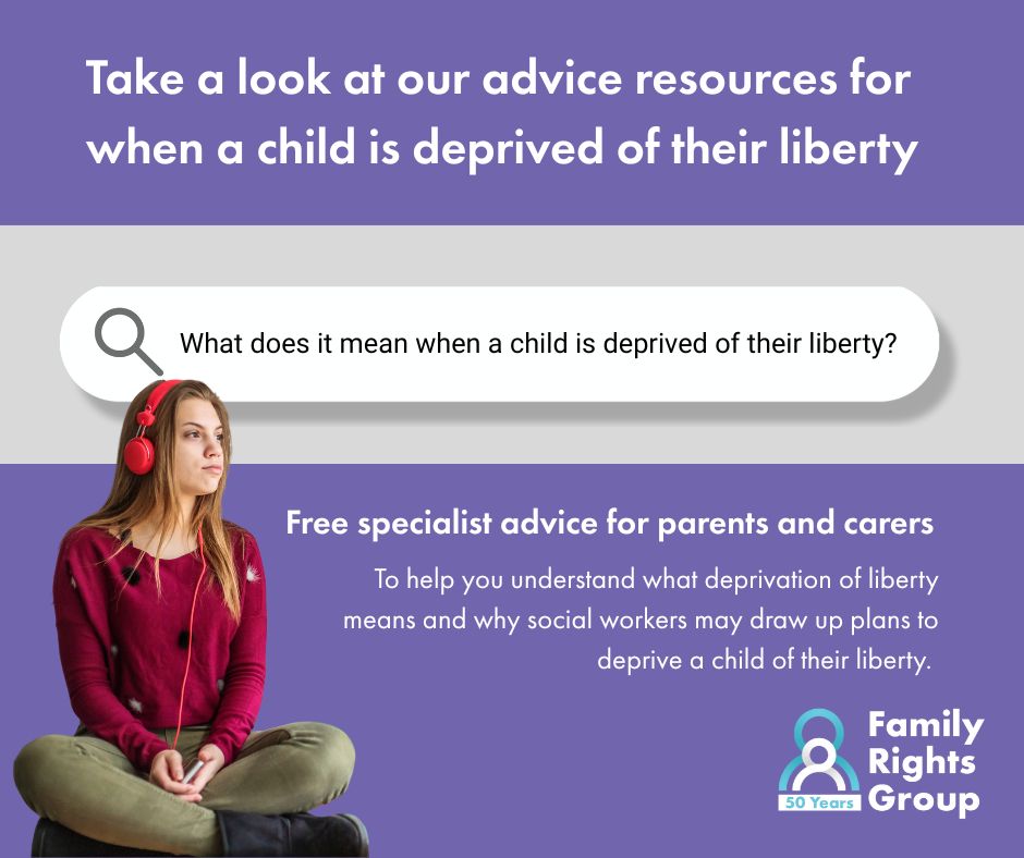 Promotional graphic from the Family Rights Group about advice resources for when a child is deprived of their liberty. It features a search bar with the query “What does it mean when a child is deprived of their liberty?” and a photo of a young person in a red sweater and headphones sitting cross-legged. The background is purple with white text offering free specialist advice for parents and carers. The Family Rights Group logo is displayed in the bottom right corner.