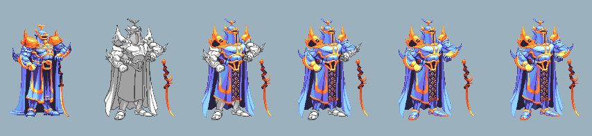 PROCESS: 1) old crusty sprite (eughh) 2) redraw at 400% > resize to 25% via billinear interpolation and index mode > local perceptual to 6 colors. 3), 4), 5) and 6) various stages of coloring, clean-up and polish.