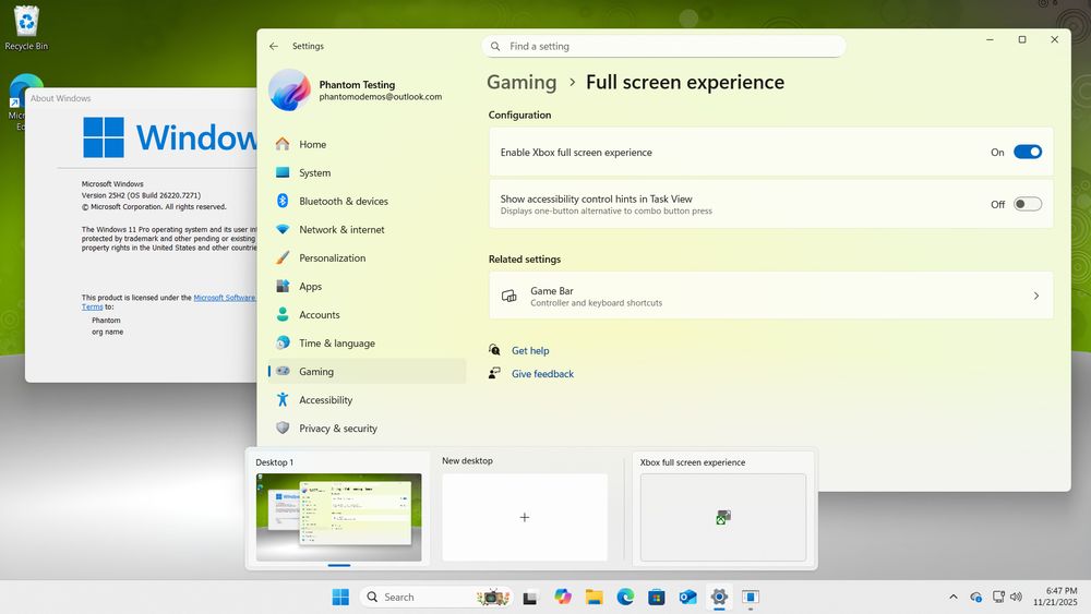 Windows 11 desktop with Full screen experience settings present. The feature is enabled, and in the task view hover flyout is the option to switch to the FSE. A Winver window on the left shows that the OS version is build 26220.7271.