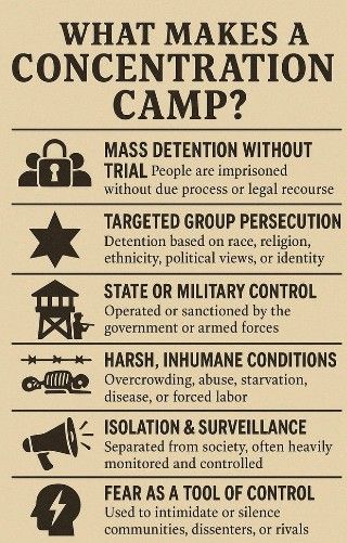 an image that defines a concentration camp as Mass detention without trial, Targeted group persecution, State or military operational control, Harsh, inhumane conditions, Isolation and surveillance, Fear as a tool of control. 