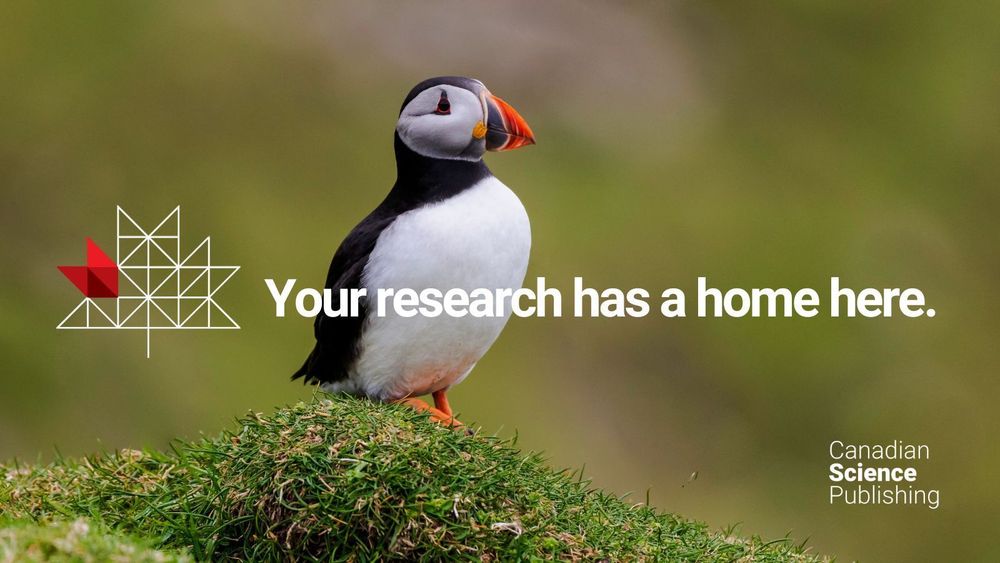 A puffin with a bright orange beak stands on a grassy mound against a blurred green background. Overlay text reads: Your research has a home here. The Canadian Science Publishing logo sits in the bottom right corner. 