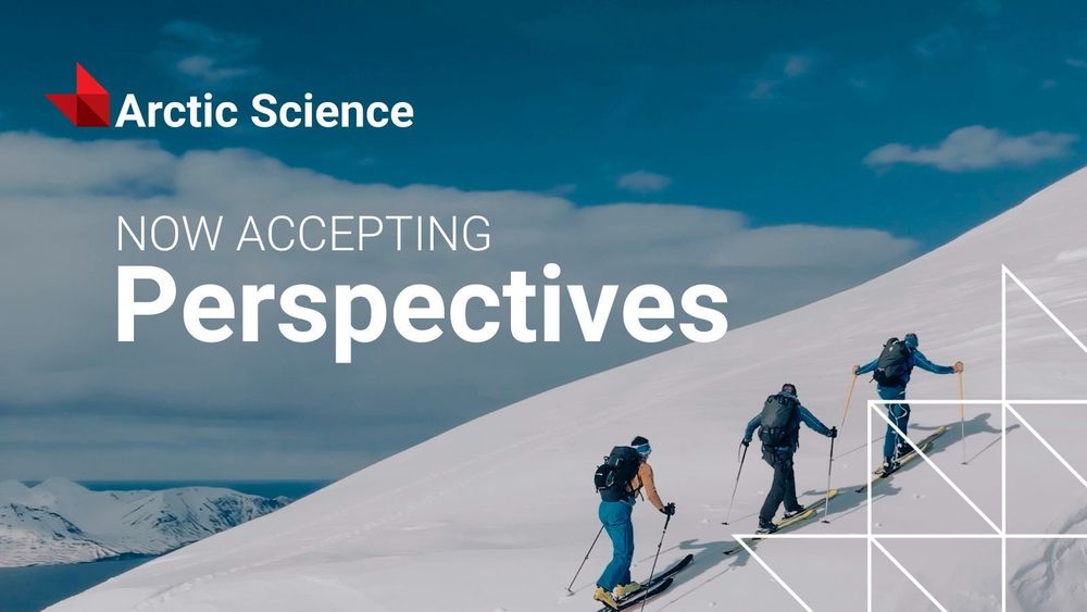 Three skiers ascending a snowy mountain slope under a clear blue sky with Arctic Science branding and a call for perspectives submissions.